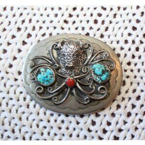 Vtg Navajo Buffalo Head Belt Buckle Turquoise & Coral Native American Sterling